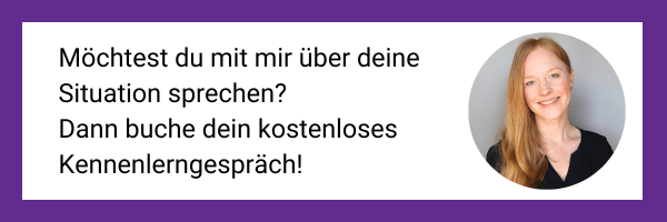 Text: "Möchtest du mit mir über deine Situation sprechen? Dann buche dein kostenloses Kennenlerngespräch!" Daneben ein rundes Bild von Svenja Adamek